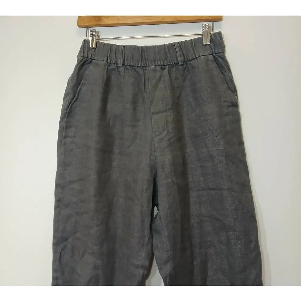 Zara womens small linen gray trousers pants wide leg pull on elastic waist